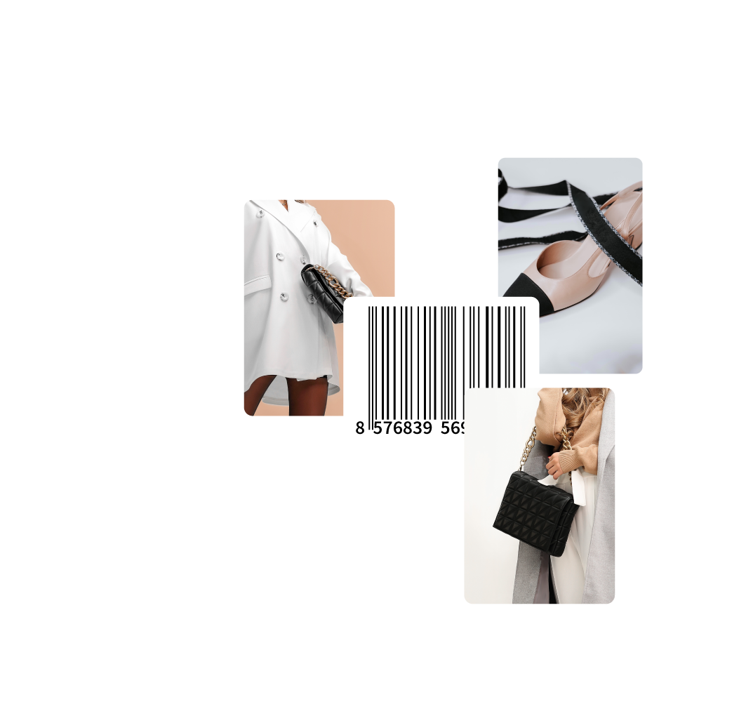 Icona di uno scanner con un barcode e immagini di una donna, una borsa e una scarpa